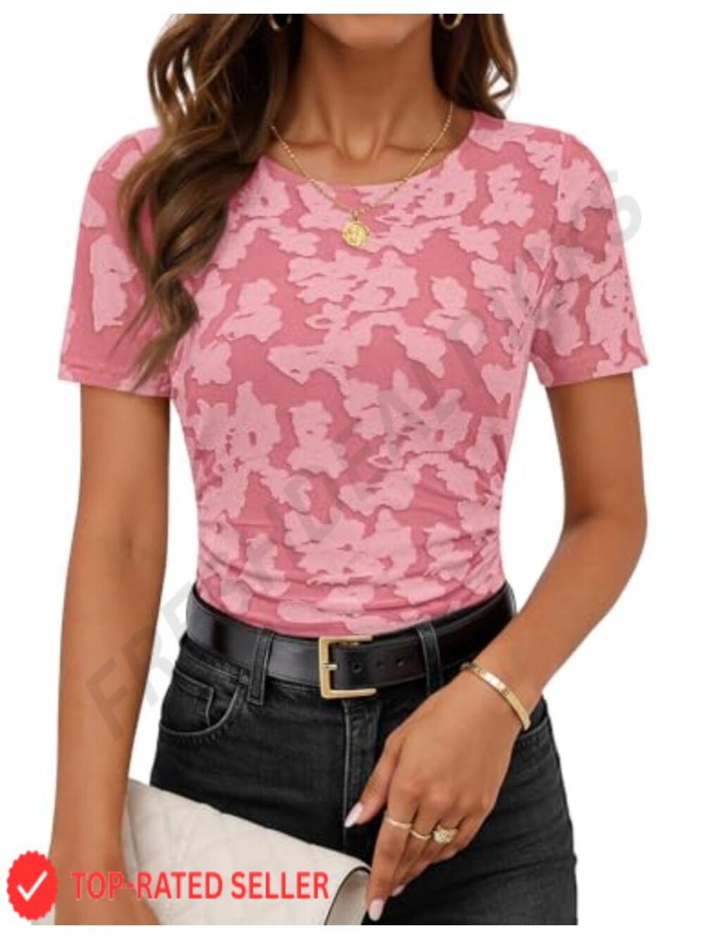 Floral Jacquard Mesh Blouse Cinched Waist Short Sleeve Dressy Casual Top